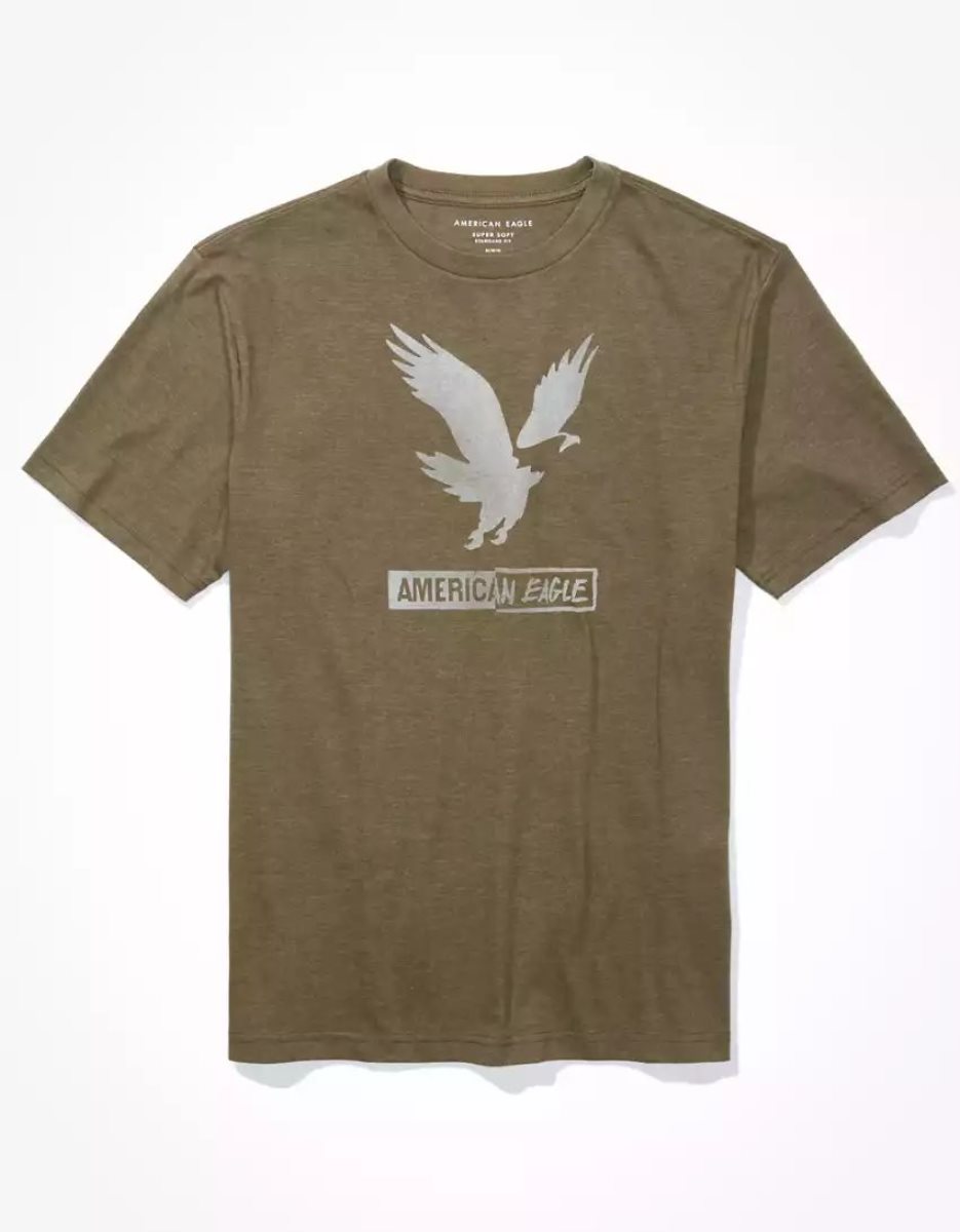 T Shirt Graphique American Eagle AE Super Soft Logo Vert Olive Homme | MHX-95600717